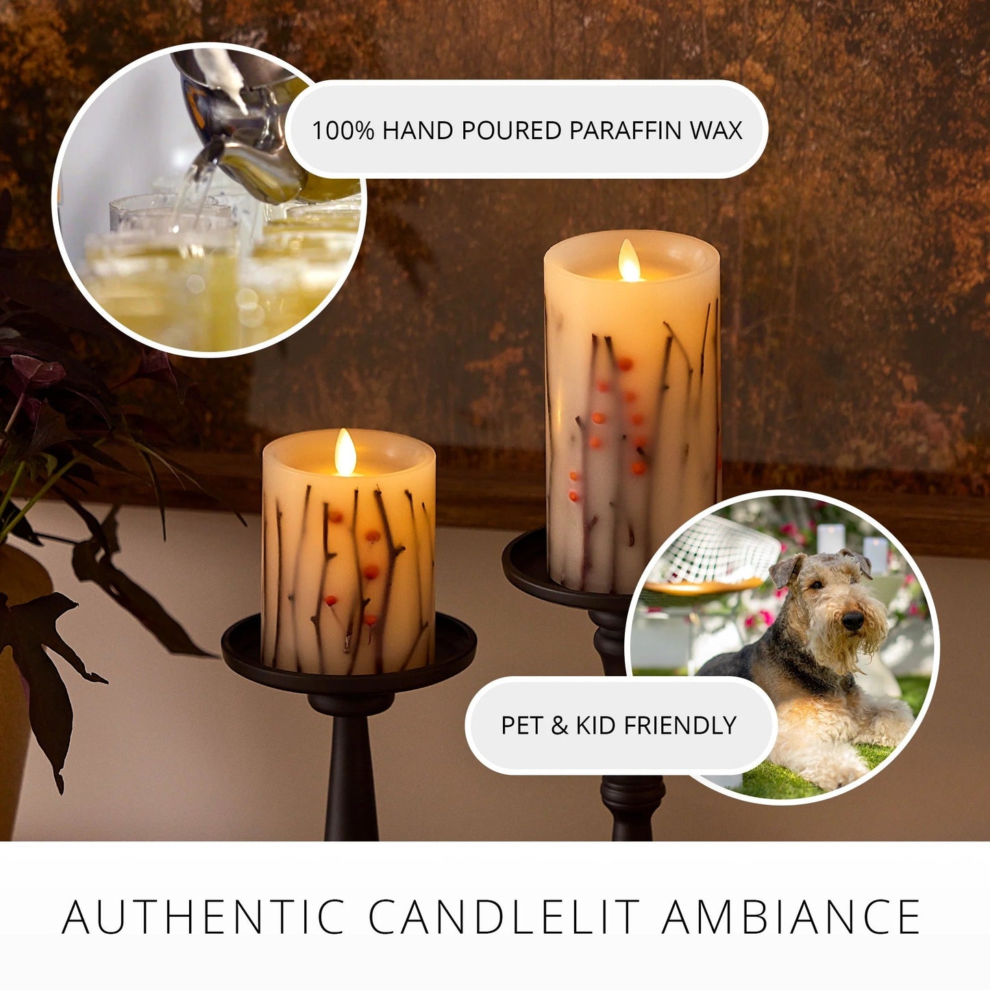 Pearllvory Embedded Orange Berries & Twigs Flameless Candle pillar