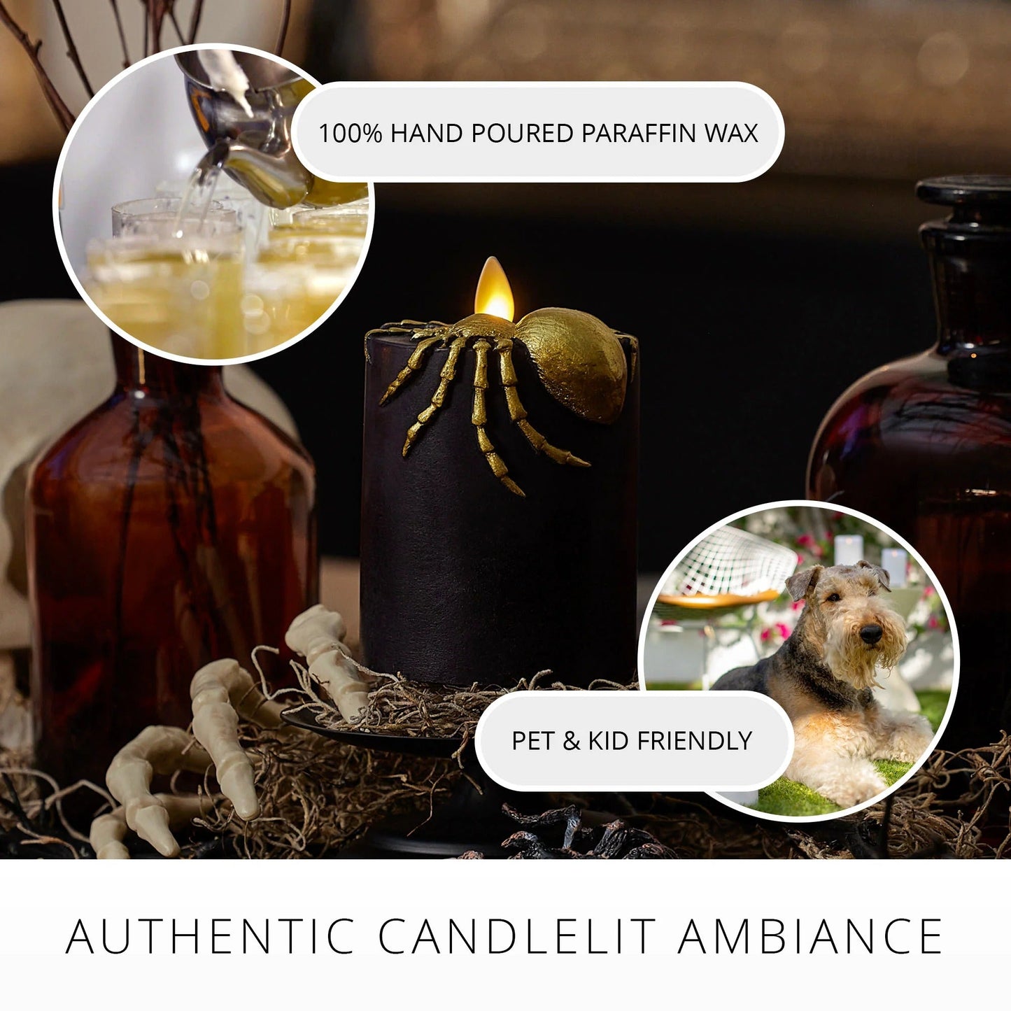 Black and Gold Spider Flameless Candle pillar