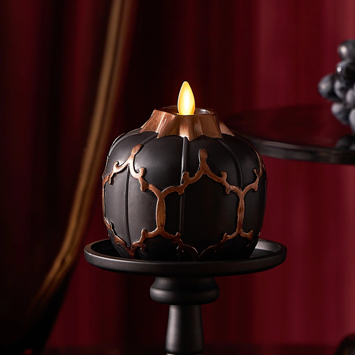 Black Embossed Fretwork Flameless Candle Pumpkin