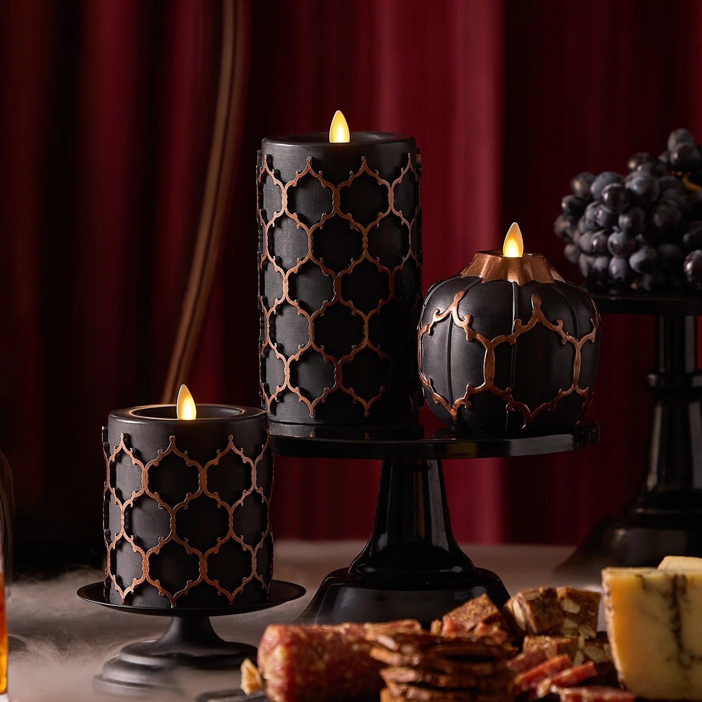 Black Embossed Fretwork Flameless Candle Pumpkin
