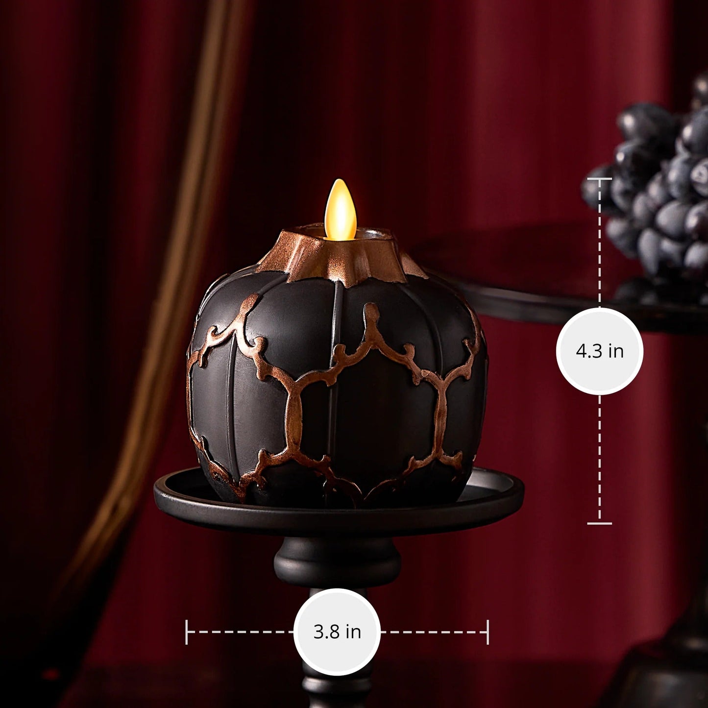Black Embossed Fretwork Flameless Candle Pumpkin