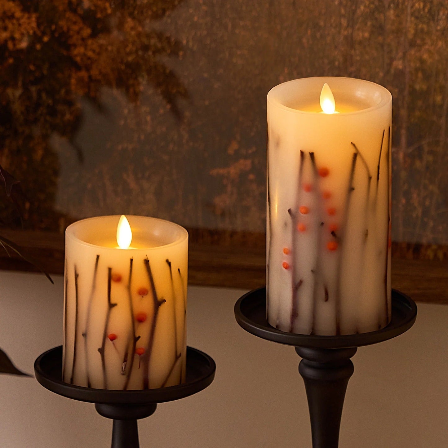 Pearllvory Embedded Orange Berries & Twigs Flameless Candle pillar