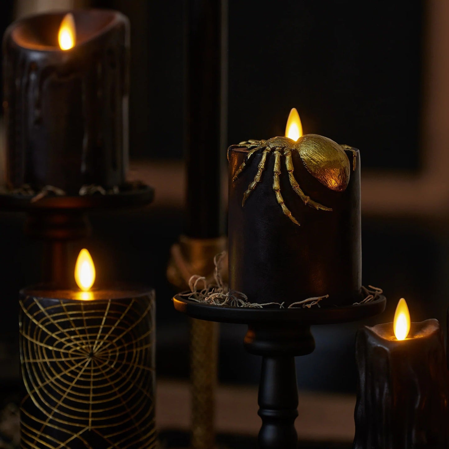 Black and Gold Spider Flameless Candle pillar
