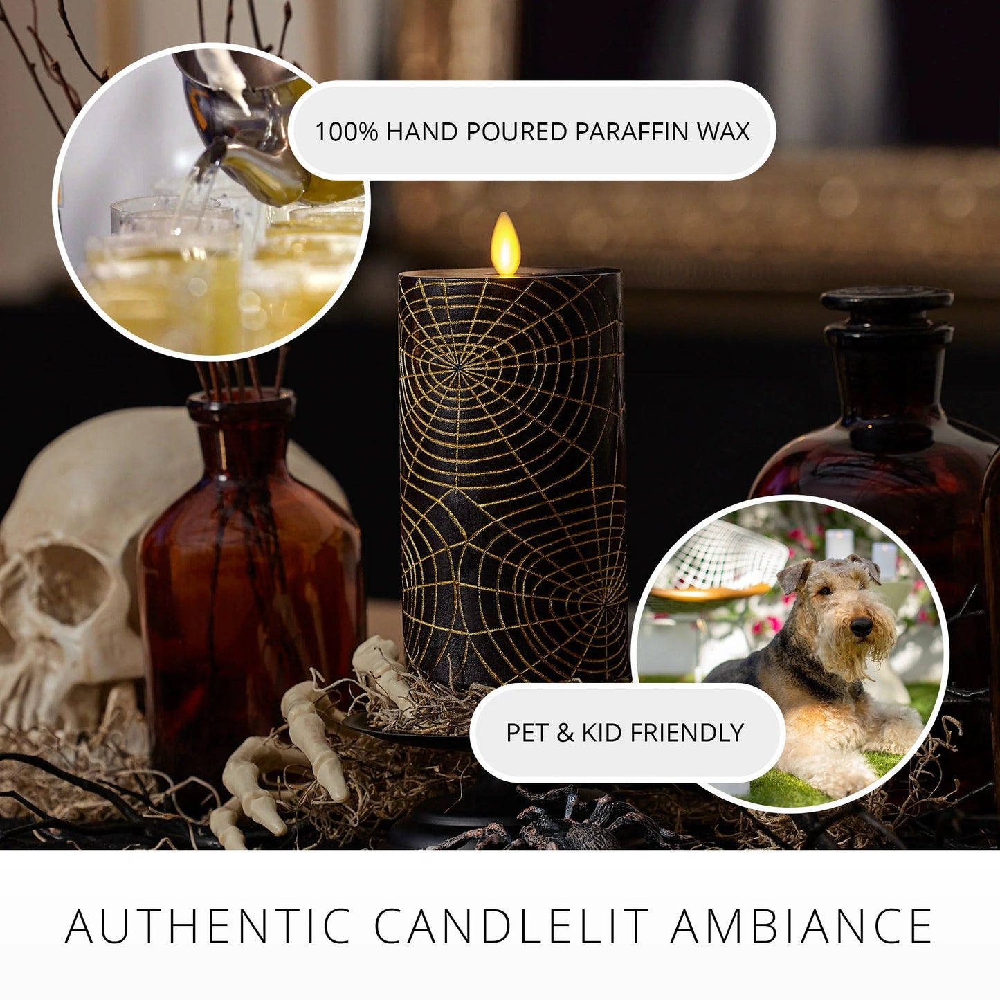 Black and Gold Spider Web Flameless Candle pilar