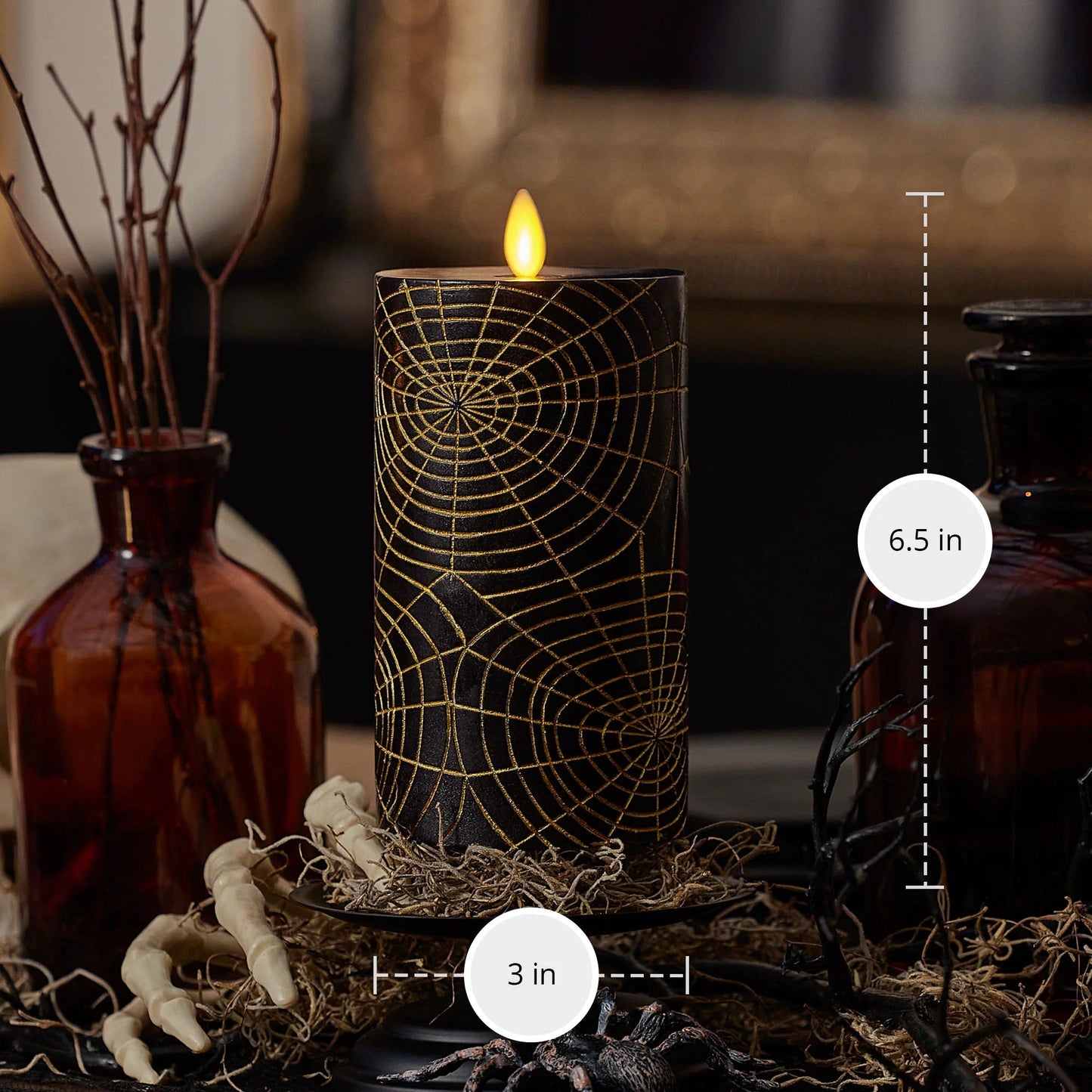 Black and Gold Spider Web Flameless Candle pilar