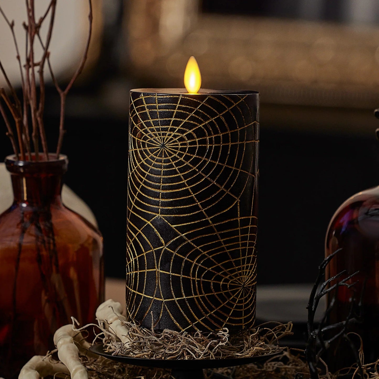 Black and Gold Spider Web Flameless Candle pilar