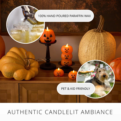 Russet Orange Flameloss Candle  Stacked Jack-o-lanterns